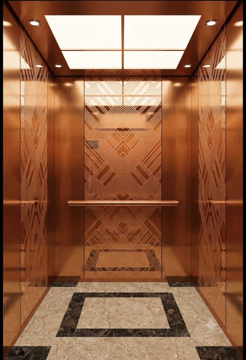 Rose gold passenger lift cabin interior with geometric etched panels by Rolex Elevators